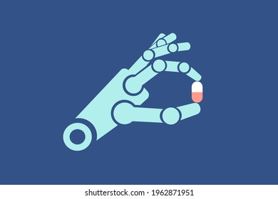 Mechanical robot hand holds medicines, pharmaceuticals, pill in forefinger and thumb on blue background. Medicine and health technologies of the future. Colorful flat isolated vector illustration.    