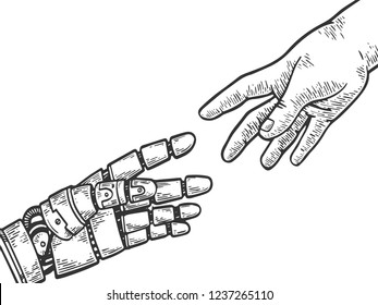 Mechanical robot hand   human reach each other engraving vector illustration  Scratch board style imitation  Black   white hand drawn image 
