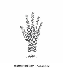 Mechanical robot hand made of black gears. Isolated on white background. Creative technology icon. New technology. Team work. Vector illustration.