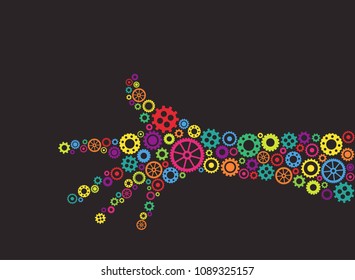 Mechanical robot hand made of bright colorful gears. Isolated on black background. Vector Creative technology illustration. Creative event, festival, holiday, party, exhibition, show placard or poster