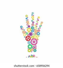 Mechanical robot hand made of bright colorful gears. Isolated on white background. Creative technology icon. New technology. Team work. Vector illustration.