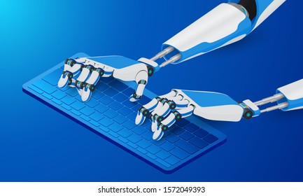 Mechanical robot hands typing on the keyboard. The automation of the workflow. Robotic typing.