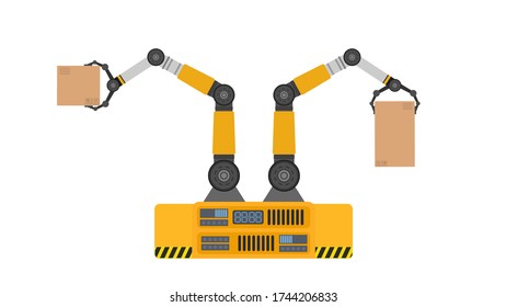 A mechanical robot holds a box. Industrial robotic arm lifts a load. Modern industrial technology. Appliances for manufacturing enterprises. Isolated. Vector.