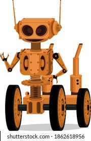 Mechanical robot on wheels in steampunk style. Vector illustration on a white background.