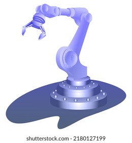 Mechanical robotic arm with gripper in blue color isolated on white. Vector design element.