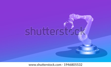 Mechanical robotic arm with gripper and copy space on colored background. Template for banner or website. Vector illustration.