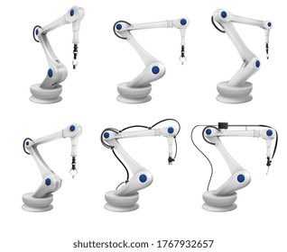 Mechanical robotic arms realistic set of 6 white remote controlled or programmable industrial varieties isolated vector illustration