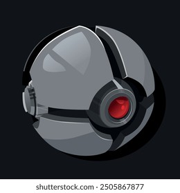 Mechanical Robotic sphere robot with red eye. Illustration of a metal sphere with a red laser