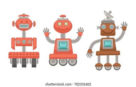Mechanical robots on wheels with funny faces set