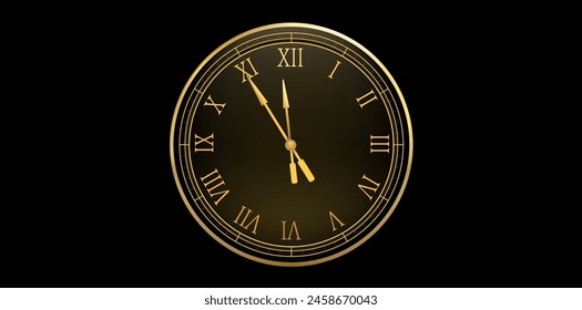 Diseño Mecánico Del Reloj De Pared De Los Números Romanos Sobre Fondo Negro, Ilustración vectorial Del Concepto Del Año Nuevo Del Reloj Del Oro.

