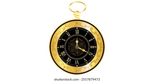 Mechanical Roman Numerals Wall Clock Design On White Background, Gold Clock New Year Concept Vector Illustration.	