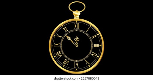 Mechanical Roman Numerals Wall Clock Design On Black Background, Gold Clock New Year Concept Vector Illustration.	