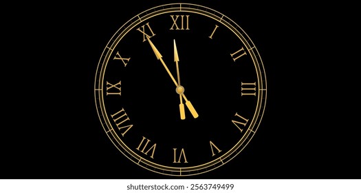 Mechanical Roman Numerals Wall Clock Design On Black Background, Gold Clock New Year Concept Vector Illustration.	