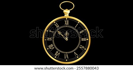 Mechanical Roman Numerals Wall Clock Design On Black Background, Gold Clock New Year Concept Vector Illustration.	