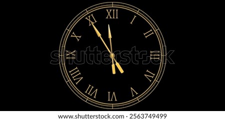 Mechanical Roman Numerals Wall Clock Design On Black Background, Gold Clock New Year Concept Vector Illustration.	