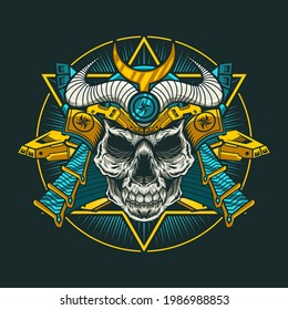 Mechanical Samurai Skull with War Armor detailed vector design concept