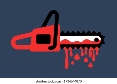 La sierra mecánica y la sierra de la cadena están manchadas de sangre roja sangrienta - accidente o herramienta y máquina como arma violenta espeluznante, aterradora y espeluznante.  Ilustración vectorial.