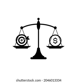 Mechanische Waagen mit Dollarmünze und Ziel oder Ziel in Pfannen. Traumwert-, Lösungs- und Kostensenkung. Justiz, Rechtsordnung. Vektorgrafik. Investitionsbilanz, Geschäftspläne