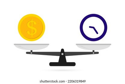 Mechanische Waagen mit Dollar-Münze und Uhr. Zeit ist Geld auf Skalen. Geld- und Zeitbilanz auf der Skala. Metapher des Arbeitszeitwerts. Vektorgrafik