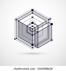 Mechanical scheme, black and white vector engineering drawing with 3D cubes and geometric elements. Engineering technological wallpaper made with honeycombs.