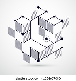 Mechanical scheme, black and white vector engineering drawing with 3D cubes and geometric elements. Engineering technological wallpaper made with honeycombs.