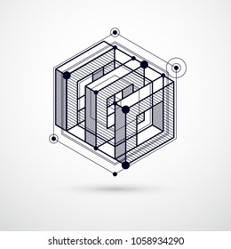 Mechanical scheme, black and white vector engineering drawing with 3D cubes and geometric elements. Engineering technological wallpaper made with honeycombs.