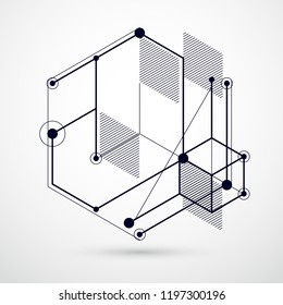 Mechanical scheme, black and white vector engineering drawing with 3D cubes and geometric elements. Engineering technological wallpaper made with honeycombs.