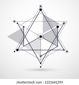 Mechanical scheme, black and white vector engineering drawing with 3D cubes and geometric elements. Engineering technological wallpaper made with honeycombs.