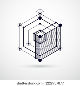 Mechanical scheme, black and white vector engineering drawing with 3D cubes and geometric elements. Engineering technological wallpaper made with honeycombs.