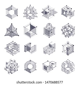 Mechanical scheme, black and white vector engineering drawings set with 3D cubes and geometric elements. Engineering technological wallpaper made with honeycombs.