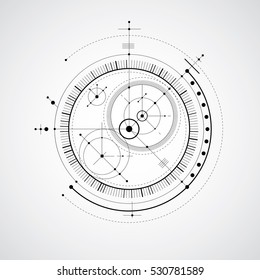 Mechanical scheme  black   white vector engineering drawing and circles   geometric parts mechanism  Technical plan can be used in web design   as wallpaper 