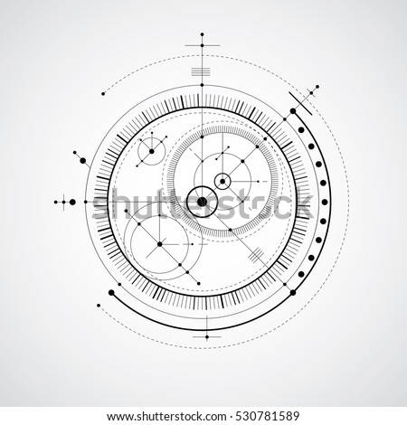 Mechanical scheme, black and white vector engineering drawing with circles and geometric parts of mechanism. Technical plan can be used in web design and as wallpaper.