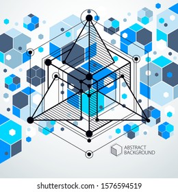 Mechanical scheme, blue vector engineering drawing with 3D cubes and geometric elements. Engineering technological wallpaper made with honeycombs.