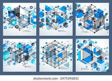 Mechanical scheme, blue vector engineering drawings set with 3D cubes and geometric elements. Engineering technological wallpaper made with honeycombs.