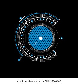 Mechanical scheme, blue vector engineering drawing with circles and geometric parts of mechanism. Technical plan can be used in web design and as wallpaper.