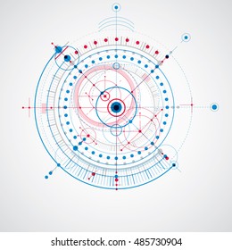 Mechanical scheme, blue vector engineering drawing with circles and geometric parts of mechanism. Technical plan can be used in web design and as wallpaper.