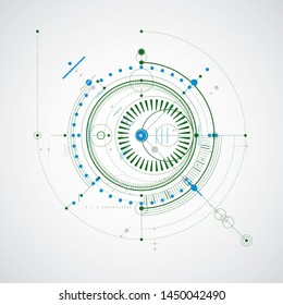 Mechanical scheme, colorful vector engineering drawing with circles and geometric parts of mechanism. Technical plan can be used in web design and as wallpaper.