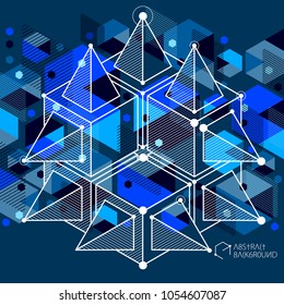 Mechanical scheme, dark blue vector engineering drawing with 3D cubes and geometric elements. Engineering technological wallpaper made with honeycombs.