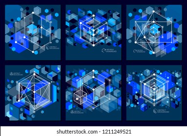 Mechanical scheme, dark blue vector engineering drawings set with 3D cubes and geometric elements. Engineering technological wallpaper made with honeycombs.