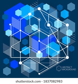 Mechanical scheme, dark blue vector engineering drawing with 3D cubes and geometric elements. Engineering technological wallpaper made with honeycombs.