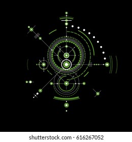 Mechanical scheme, green vector engineering drawing with circles and geometric parts of mechanism. Technical plan can be used in web design and as wallpaper.