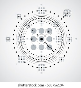 Mechanical scheme, monochrome vector engineering drawing with circles and geometric parts of mechanism. Technical plan can be used in web design and as wallpaper.