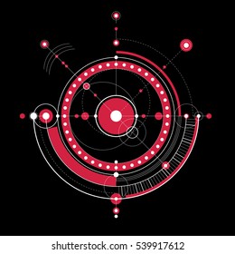 Mechanical scheme, red vector engineering drawing with circles and geometric parts of mechanism. Technical plan can be used in web design and as wallpaper.