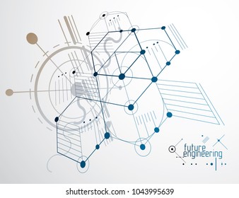 Mechanical scheme, vector engineering drawing with circles and hexagons. Technical plan can be used in web design and as wallpaper or background. 