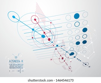 Mechanical scheme, vector engineering drawing with circles and geometric parts of mechanism. Technical plan can be used in web design and as wallpaper or background. 