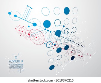 Esquema mecánico, dibujo de ingeniería vectorial con círculos y partes geométricas del mecanismo. El plan técnico se puede utilizar en el diseño web y como fondo de pantalla o fondo. 