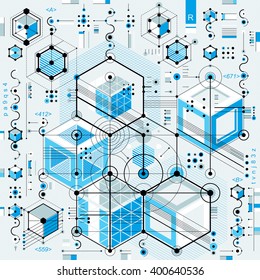 Mechanical scheme, vector engineering drawing with geometric parts of mechanism. Futuristic industrial project can be used in web design and as wallpaper.