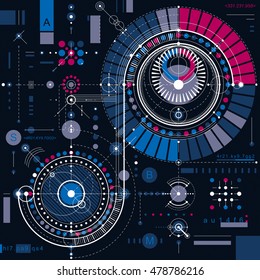 Mechanical scheme, vector engineering drawing with geometric parts of mechanism. Futuristic industrial project can be used in web design and as wallpaper.