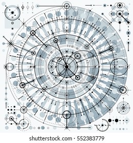 Mechanical scheme, vector engineering drawing with geometric parts of mechanism. Futuristic industrial project can be used in web design and as wallpaper.