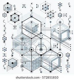 Mechanical scheme, vector engineering drawing with geometric parts of mechanism. Futuristic industrial project can be used in web design and as wallpaper.